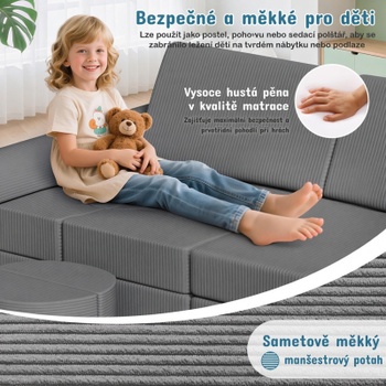 Detská hracia pohovka Cord, 15 dielov, 140 x 70 x 44 cm, šedá - N