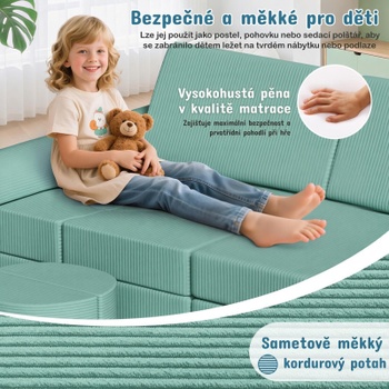 Detská hracia pohovka Cord, 15 dielov, 140 x 70 x 44 cm, zelená - N