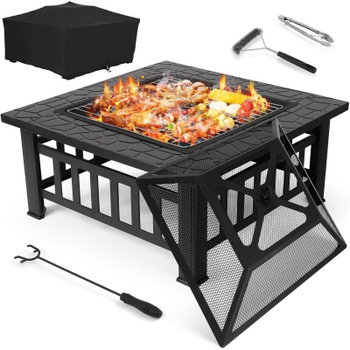 Záhradné ohnisko 3v1 s grilom a krytom FS002, 81 x 81 x 45 cm, čierne - A