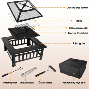 Záhradné ohnisko 3v1 s grilom a krytom FS002, 81 x 81 x 45 cm, čierne - A