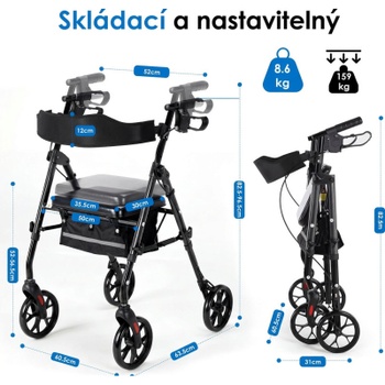 Chodítko s kolieskami a sedákom XZY612, 82,5-96,5 cm, do 136 kg, čierno/biela - B