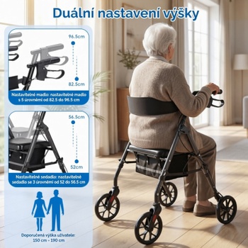 Chodítko s kolieskami a sedákom XZY612, 82,5-96,5 cm, do 136 kg, čierno/biela - B