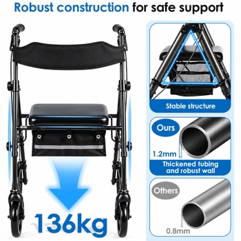 Chodítko s kolieskami a sedákom XZY612, 82,5-96,5 cm, do 136 kg, čierno/biela - B