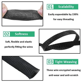 10mm PET roztažitelný opletený kabelový návlek, flexibilní ochrana kabelu 10mm, červená, 10 metrů