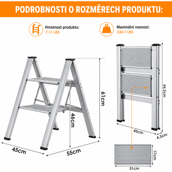 Skladací hliníkový schodík YP-HAM-2, 61 x 45 cm, nosnosť 150 kg, strieborný - N