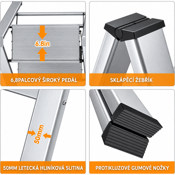 Skladací hliníkový schodík YP-HAM-2, 61 x 45 cm, nosnosť 150 kg, strieborný - N