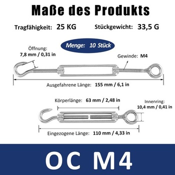 Napínač lana s napínačom, otočný háčik M4, napínač lana, nastaviteľné otočné háky z nerezovej ocele