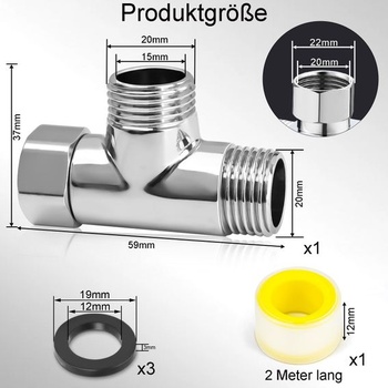 T-kus 1/2 palce (Ø 20 mm), mosazný T-kus 1/2 palce, rozdělovač přípojky vody se 3 podložkami a