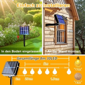 Solární řetězová světla Taiyongkang Venkovní 8M 30LED Kulatá, Voděodolná IP65 Solární řetězová