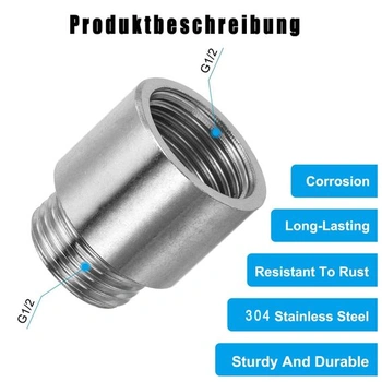 Prodlužovací adaptér na kohoutek G1/2 palce x 20 mm, 2 kusy, prodloužení kohoutku, nerezová spojka,