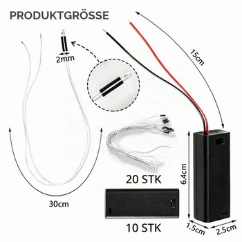 20 kusů 3mm mini LED světel do domečků pro panenky a 10 držáků na AAA baterie