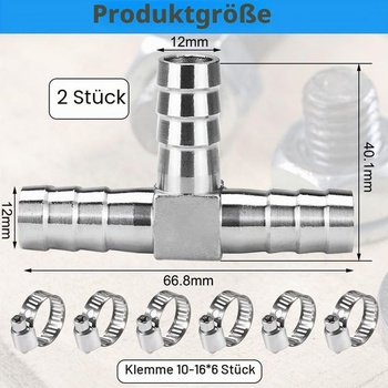 2 kusy 12mm nerezové hadicové spojky s T-kusem, 3cestná hadicová spojka 12mm ve tvaru T