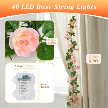Qoosea umělé květinové řetězové světelné řetězy, 1,8 m 40 LED umělé růžové řetězové řetězy, na