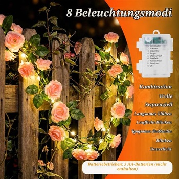 Qoosea umělé květinové řetězové světelné řetězy, 1,8 m 40 LED umělé růžové řetězové řetězy, na