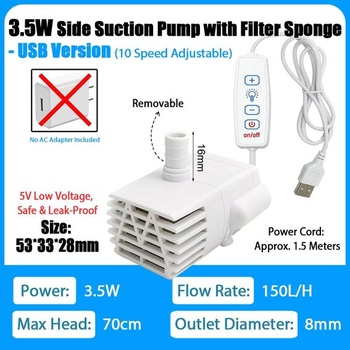 USB čerpadlo pre mačaciu fontánu 5V 3,5W 150L/H, s 1,5m káblom, 10stupňová regulácia prietoku,