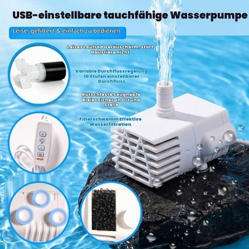 USB čerpadlo pre mačaciu fontánu 5V 3,5W 150L/H, s 1,5m káblom, 10stupňová regulácia prietoku,