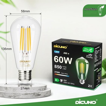 DiCUNO Ultraúčinná LED žiarovka E27 4W, 850lm, teplá biela 2700K, balenie 2 ks, 60W teplá biela 2700K
