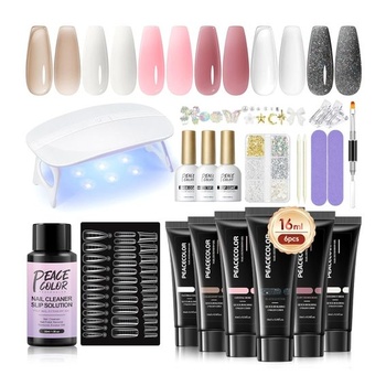 PEACECOLOR Poly Nail Gel Starter Set, 6 farieb Poly Nail Gel s UV lampou, klzný roztok, vrchný lak,