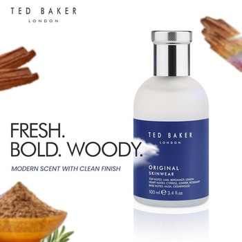 Ted Baker Skinwear EDT, drevitá mužná vôňa, vrchné tóny citrónovej limetky, bergamotu a citrónu sa