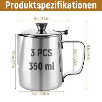 3dielna ručná kanvica na mlieko z nerezovej ocele, 350 ml, s vekom, kanvica na penenie s tryskami proti