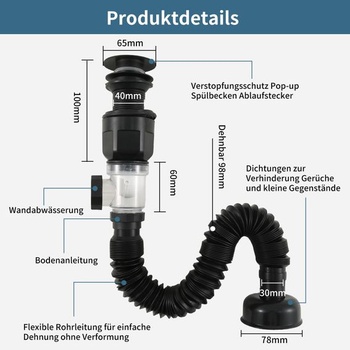 Sifonová sada k dřezu, sestava odtoku dřezu s flexibilní odtokovou hadicí, zatahovací flexibilní