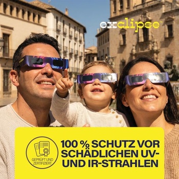 Okuliare Exclipse na zatmenie Slnka – certifikácia ISO 12312-2 a CE a UKCA, bezpečné pozorovanie