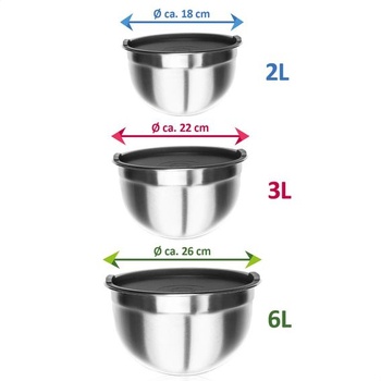 3x nerezové míchací misky s víčky - velké - stříbrné