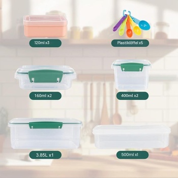 Sada nádob na potraviny VINATO s vekami, 9dielna, vrátane 5 odmerných lyžíc (3,85 l x 1, 0,5 l x 1, 0,4