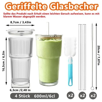Rebrované sklenené poháre, sada 4 kusov, poháre na long drink, sklenené poháre s viečkami a