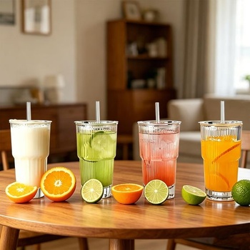 Rebrované sklenené poháre, sada 4 kusov, poháre na long drink, sklenené poháre s viečkami a