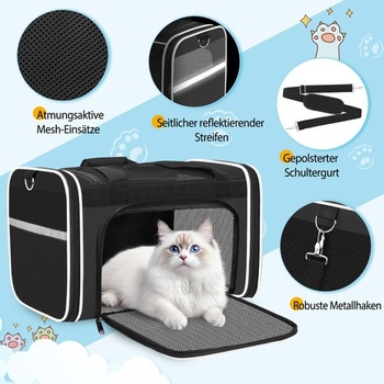 TEUEN Přepravka pro kočky s měkkými boky, vhodná do letadla, skládací, černá