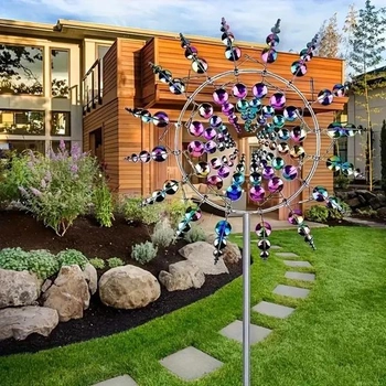 Unikátní a magický kovový větrný mlýn, 3D větrná zvonkohra do zahrady, kovový zahradní kolík,