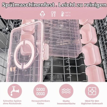 Růžová krabička na svačinu s 8 přihrádkami - Dělená nádoba na svačinu s víkem a rukojetí, Přenosná