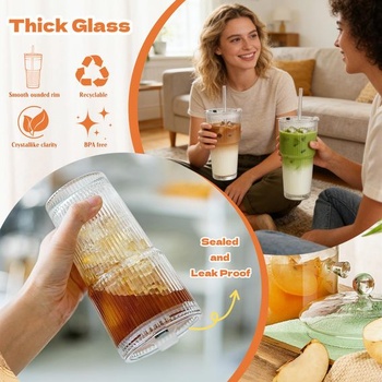 2 x 600ml sklenice na pití s víčky a brčky, sklenice na ledovou kávu, 2 ks - 600ml
