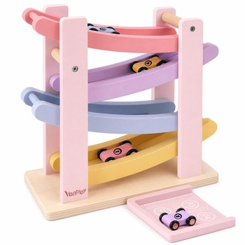 Montessori hračka Vanplay pre deti od 1 roku, drevené autíčko, guličková dráha, pre deti od 1 do 2