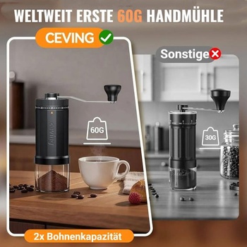 CEVING Prvý ručný mlynček na kávu na svete s kapacitou 60 g, čierny | Prenosný ručný mlynček na kávu