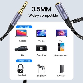 MOSWAG predlžovací kábel 3,5 mm jack 1 m, predlžovací kábel pre slúchadlá 3,5 mm, predlžovací