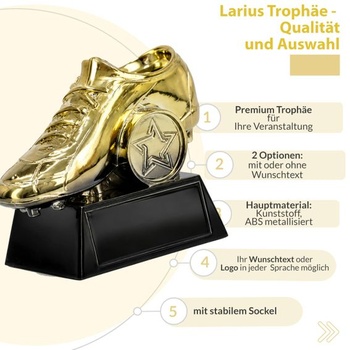 Larius Zlatá trofej za kopačku (8 cm, 290 g) – Futbalová trofej s voliteľným gravírovaním – Trofej