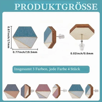 SUNNYCLUE 1 krabička 6 párů dřevěných náušnic, bohémské náušnice, šestihranný kabošon, geometrické,