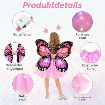 Svietiace motýlie kostým pre deti, dievčenskú tutu sukne so 4 LED motýlími krídlami, kostým víly na detské