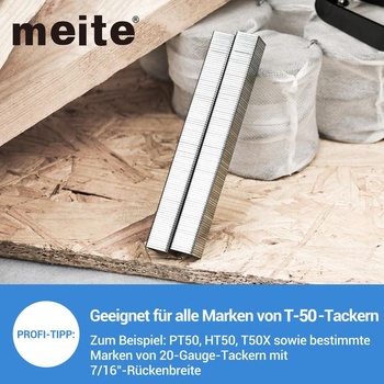 Sponky Meite T50/12 mm, typ 140, pozinkované sponky pro sponkovačky, korunkové sponky 20 gauge 10,5