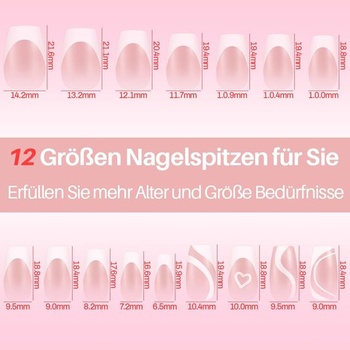 INTOBAS 160 kusů nalepovacích nehtů, francouzské nehty, 12 velikostí, růžové, střední, umělé nehty