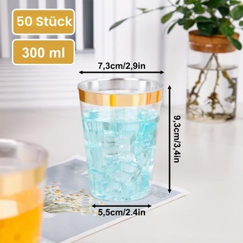 50 kusov tvrdých plastových kelímkov so zlatým okrajom, plastové párty kelímky s objemom 300 ml/10 oz,