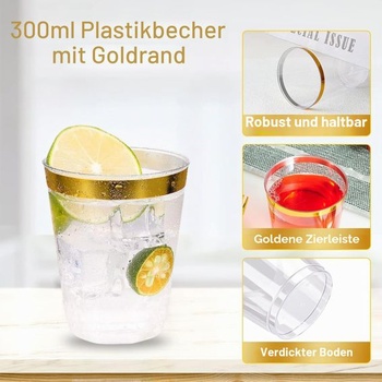 50 kusov tvrdých plastových kelímkov so zlatým okrajom, plastové párty kelímky s objemom 300 ml/10 oz,