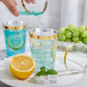 50 kusov tvrdých plastových kelímkov so zlatým okrajom, plastové párty kelímky s objemom 300 ml/10 oz,