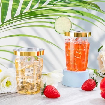 50 kusov tvrdých plastových kelímkov so zlatým okrajom, plastové párty kelímky s objemom 300 ml/10 oz,