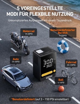 Elektrická vzduchová pumpa na bicykel AstroAI, bezdrôtová dobíjacia vzduchová pumpa 150 PSI, čierna