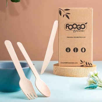 Súprava jednorazových príborov FOOGO Green, 75 kusov – drevené jednorazové príbory, 16 cm, biologicky