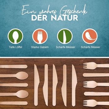 Súprava jednorazových príborov FOOGO Green, 75 kusov – drevené jednorazové príbory, 16 cm, biologicky