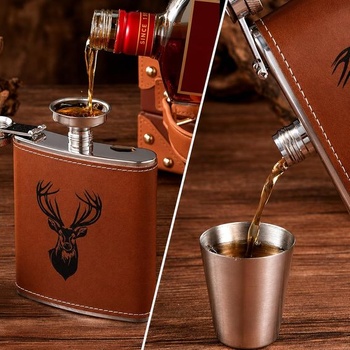 Nerezová placka 200ml s koženým pouzdrem, motiv jelena – Lovecký dárek